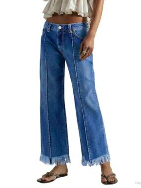 Mid Rise Wide Leg Jeans Frayed Hem Ankle Denim Pants